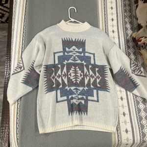 Geometric Patterned Sweater - Cream and Blue